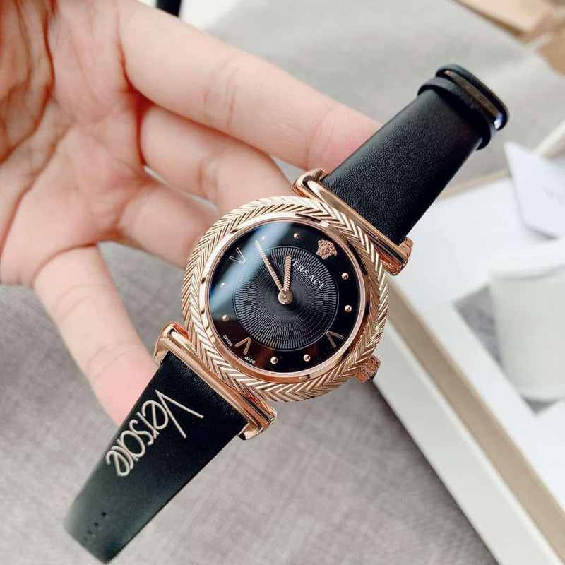 Versace V-Motif Vintage Logo Black Dial Black Leather Strap Watch for Women - VERE00818 Buy Now By Versace