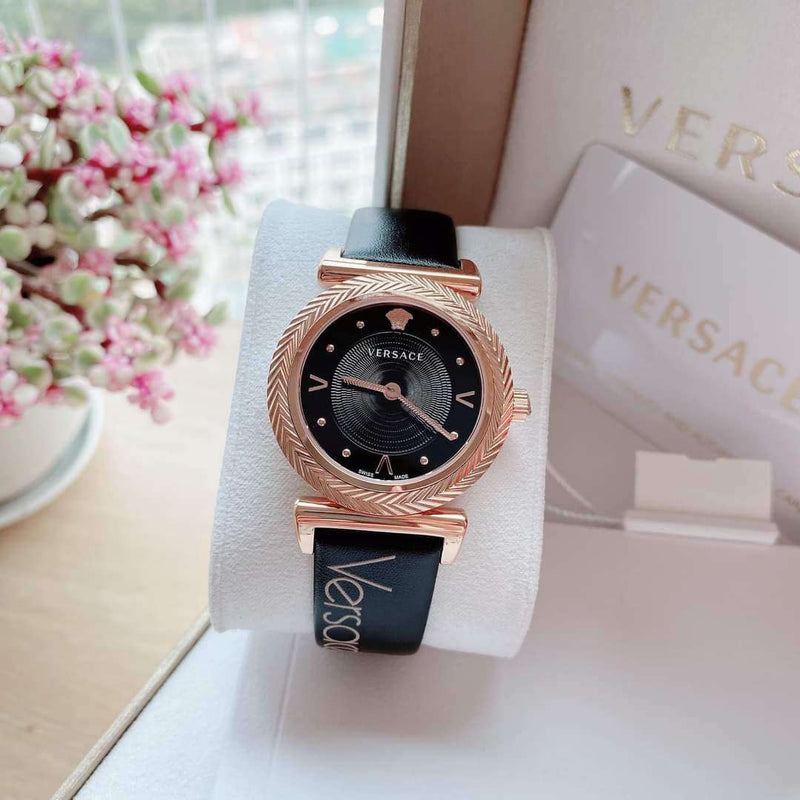 Versace V-Motif Vintage Logo Black Dial Black Leather Strap Watch for Women - VERE00818 Buy Now By Versace