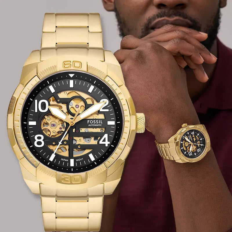 Fossil Bronson Automatic Skeleton Black Dial Gold Steel Strap Watch for Men - ME3257 Buy Now By Fossil