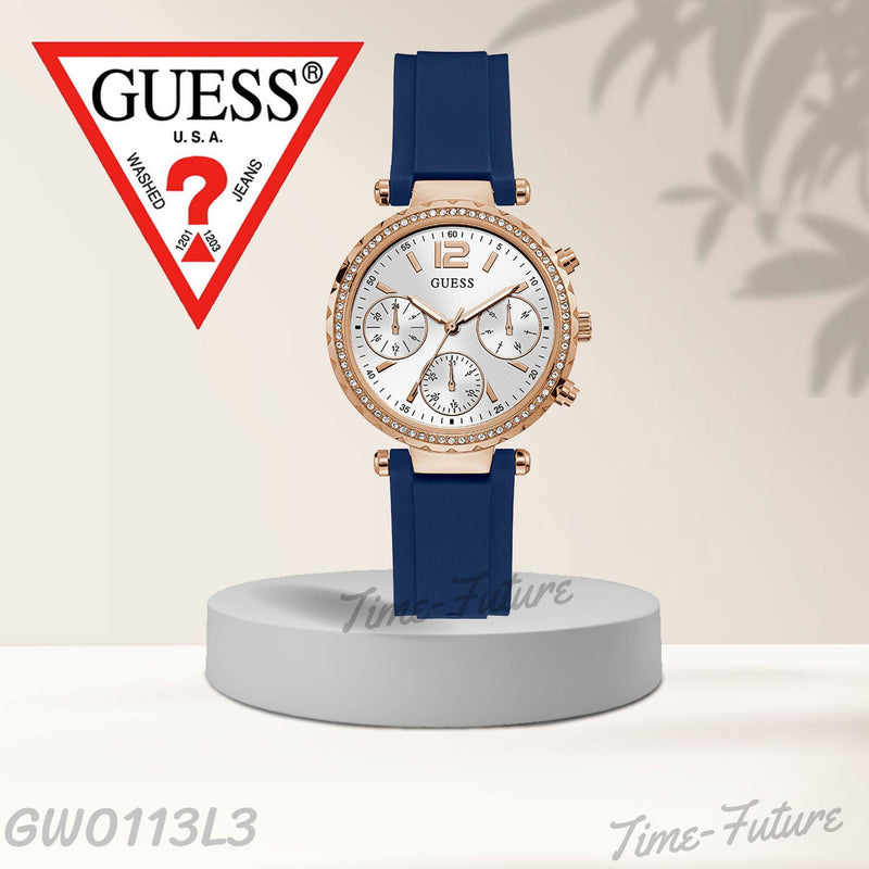 Guess Solstice Diamonds Silver Dial Blue Rubber Strap Watch for Women - GW0113L3 Buy Now By Guess