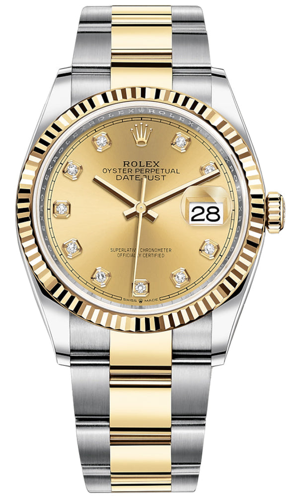 Shop Rolex Datejust 36mm Diamonds Yellow Gold Dial Two Tone Steel Strap Watch for Women - M126233-0018 in USA