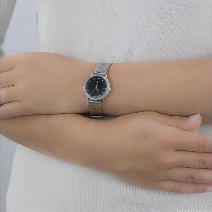 Guess Chelsea Crystals Black Dial Silver Mesh Bracelet Watch For Women - W0647L5 Buy Now By Guess