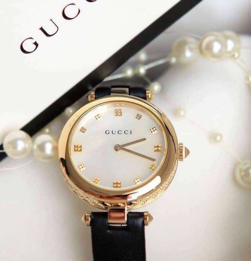 Shop Gucci Diamantissima Quartz Mother of Pearl Dial Black Leather Strap Watch for Women - YA141404 in USA