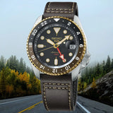 Seiko 5 Sports SKX GMT Automatic Mocha Black Dial Brown Leather Strap Watch For Men - SSK036K1