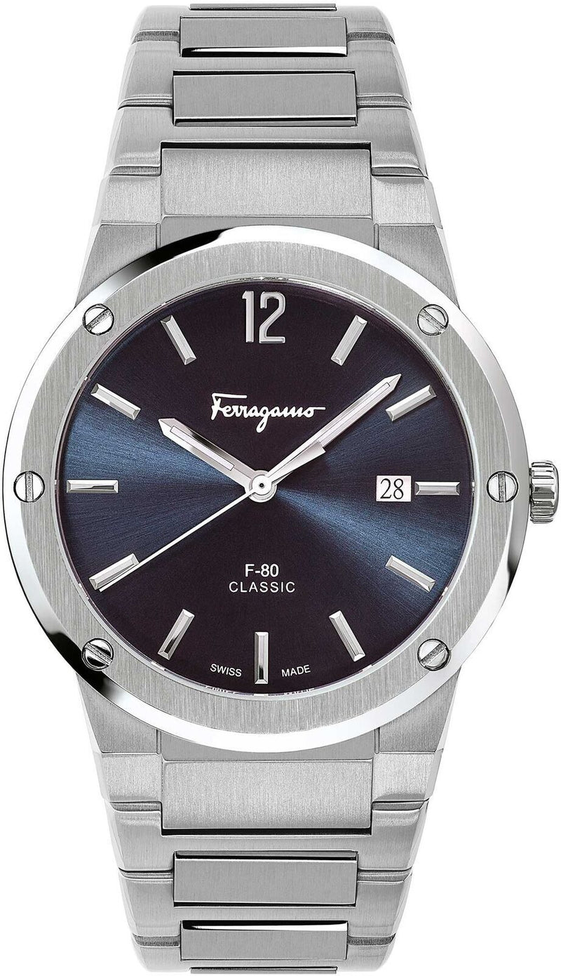 Shop Salvatore Ferragamo F-80 Classic Blue Dial Silver Steel Strap Watch for Men - SFDT01320 in USA