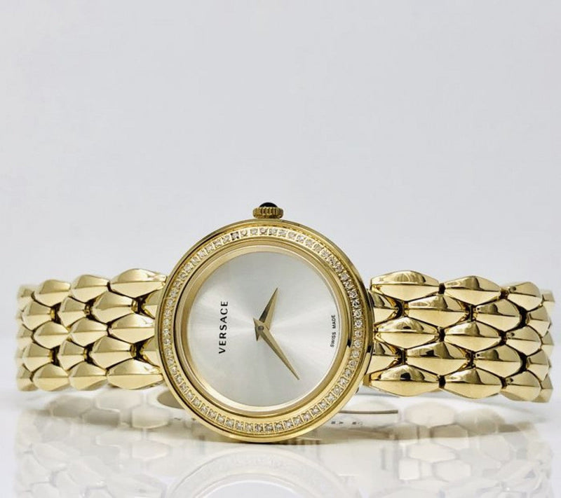 Versace V Flare Diamonds Silver Dial Gold Steel Strap Watch for Women - VEBN00918 Buy Now By Versace