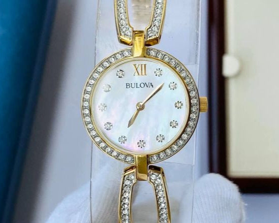 Bulova Crystal Collection Mother of Pearl Dial Gold Steel Strap Watch for Women - 98L225 Buy Now By Bulova