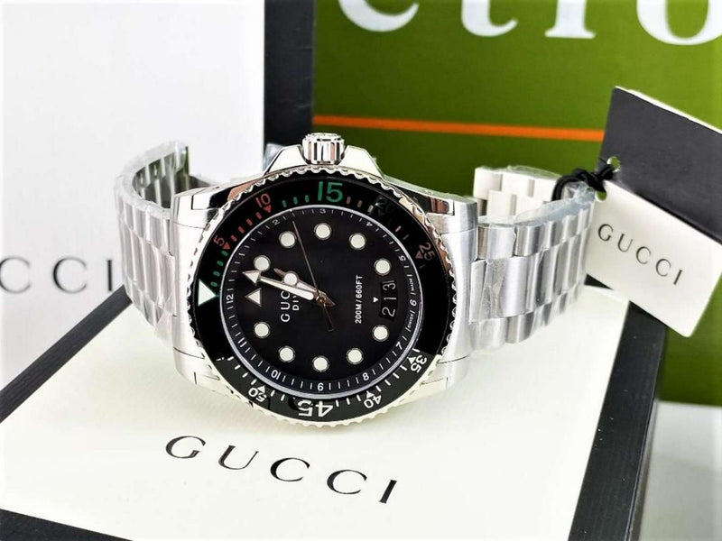 Shop Gucci Dive Analog Black Dial Silver Steel Strap Watch For Men - YA136208 in USA