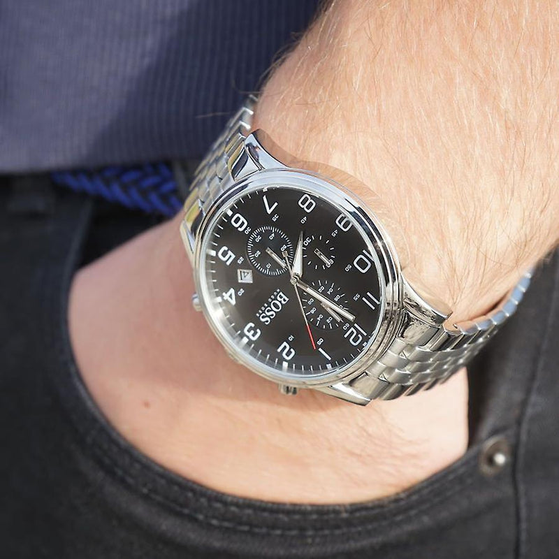 Hugo Boss Aeroliner Chronograph Quartz Black Dial Silver Steel Strap Watch For Men - HB1512446 Buy Now By Hugo Boss