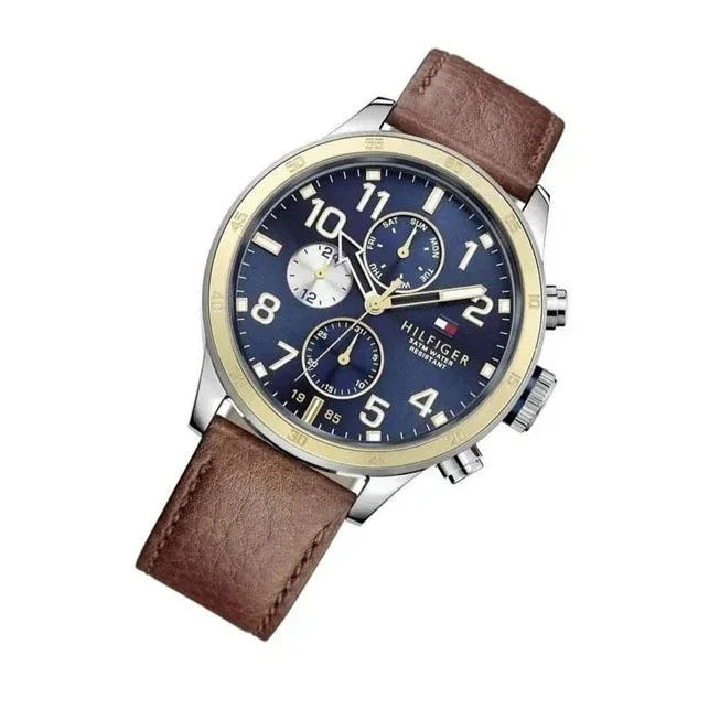 Shop Tommy Hilfiger Sport Multifunction Blue Dial Brown Leather Strap Watch for Men - 1791137 in USA