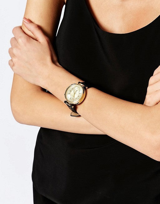 Michael Kors Sawyer Champagne Dial Black Leather Strap Watch for Women - MK2433 Buy Now By Michael Kors