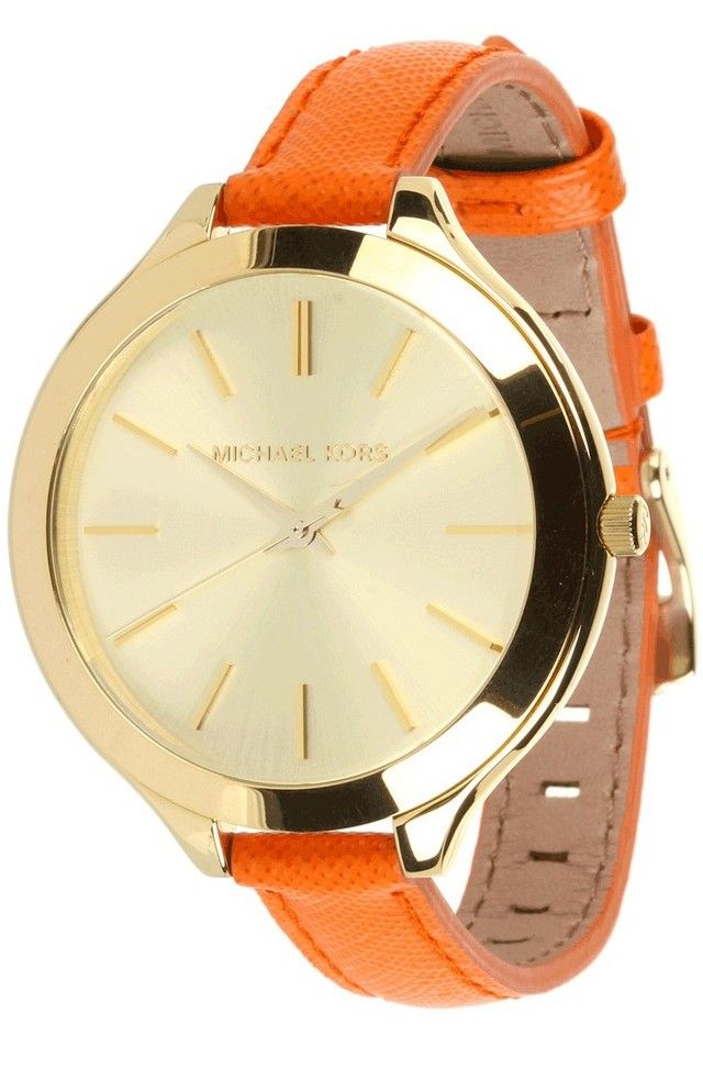 Shop Michael Kors Runway Quartz Gold Dial Orange Leather Strap Watch For Women - MK2275 in USA