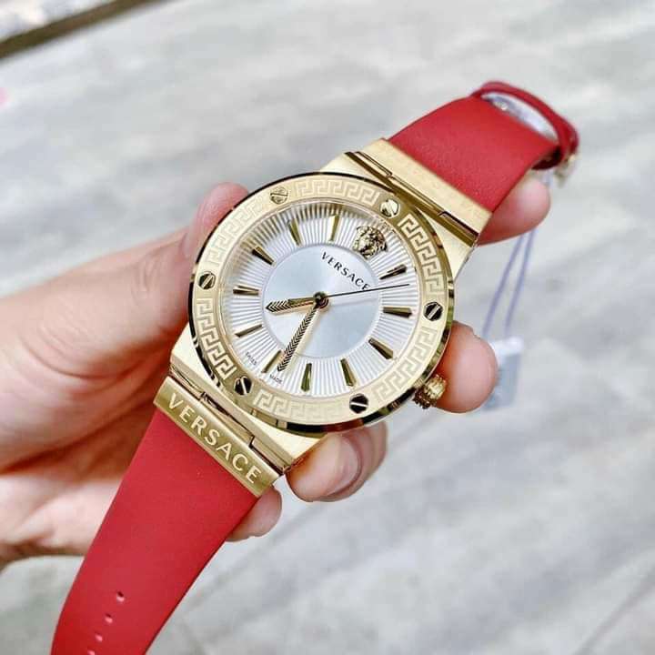 Versace Greca Silver Dial Red Leather Strap Watch for Women - VEVH00420 Buy Now By Versace