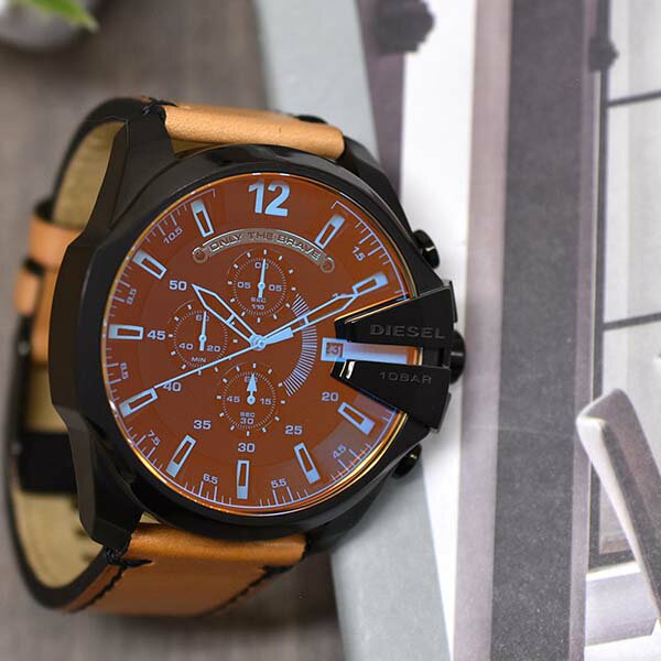 Diesel Mega Chief Chronograph Black Dial Brown Leather Strap Watch For Men - DZ4476