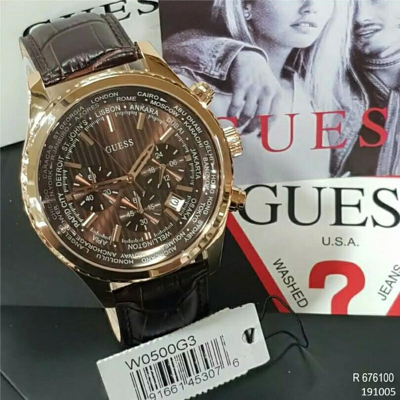 Guess Pursuit Chronograph Brown Dial Brown Leather Strap Watch for Men - W0500G3 Buy Now By Guess