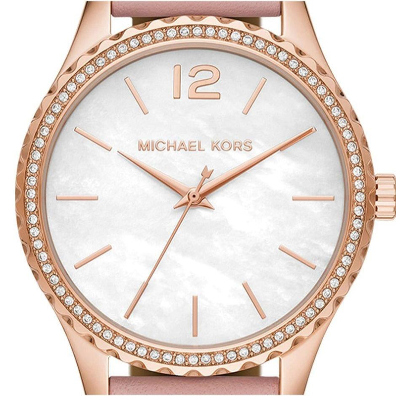 Shop Michael Kors Layton Three-Hand White Dial Pink Leather Strap Watch for Women - MK2909 in USA