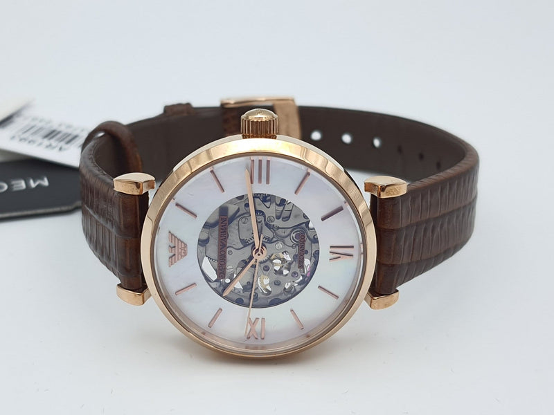 Emporio Armani Meccanico Skeleton Mother of Pearl Dial Brown Leather Strap Watch For Women - AR1993 Buy Now By Emporio Armani