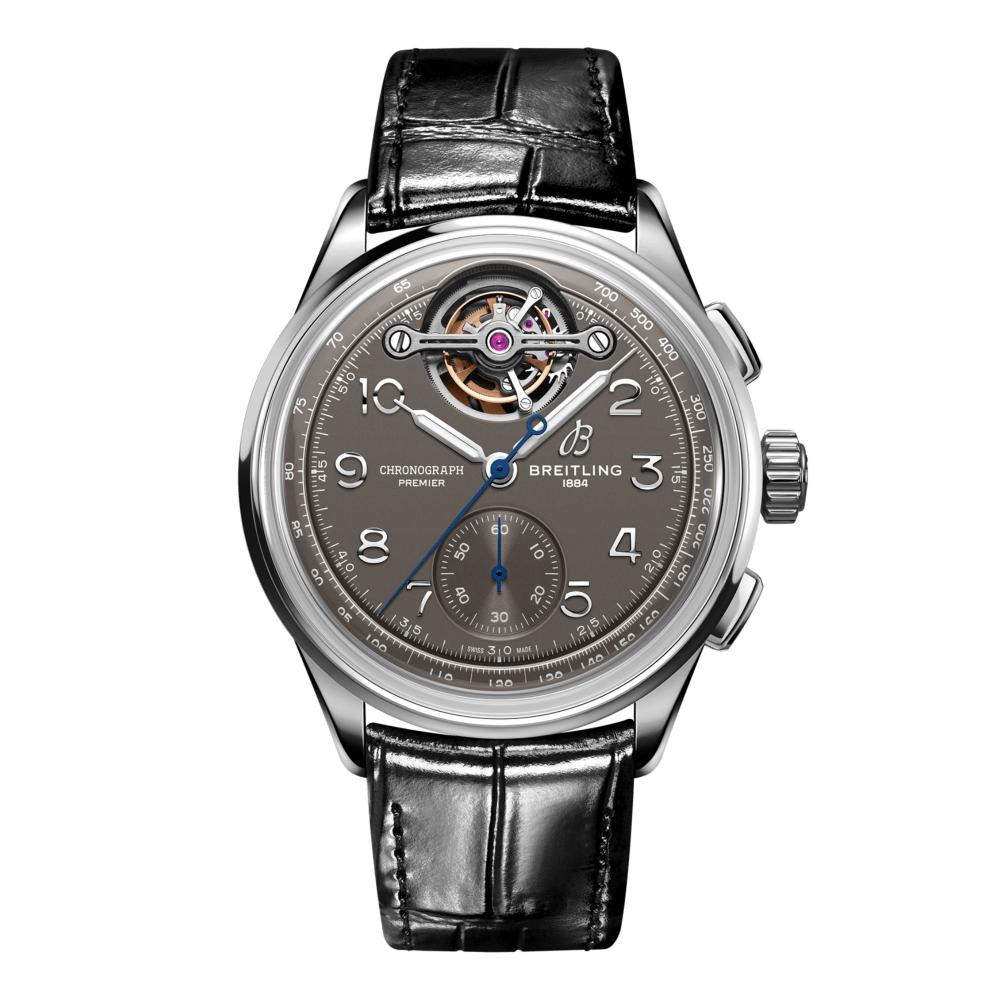 Breitling Premier B21 Chronograph Tourbillion 42 Gaston Breitling Grey Dial Black Leather Strap Watch for Men - JB2120A61B1P1