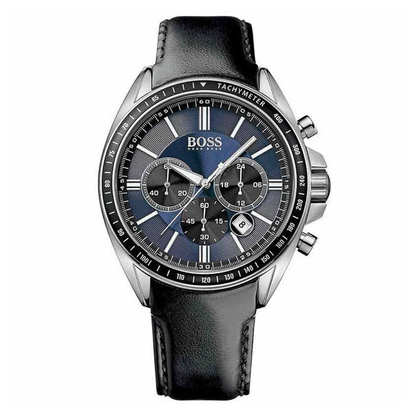 Shop Hugo Boss Driver Sport Chronograph Blue Dial Black Leather Strap Watch for Men - 1513077 in USA
