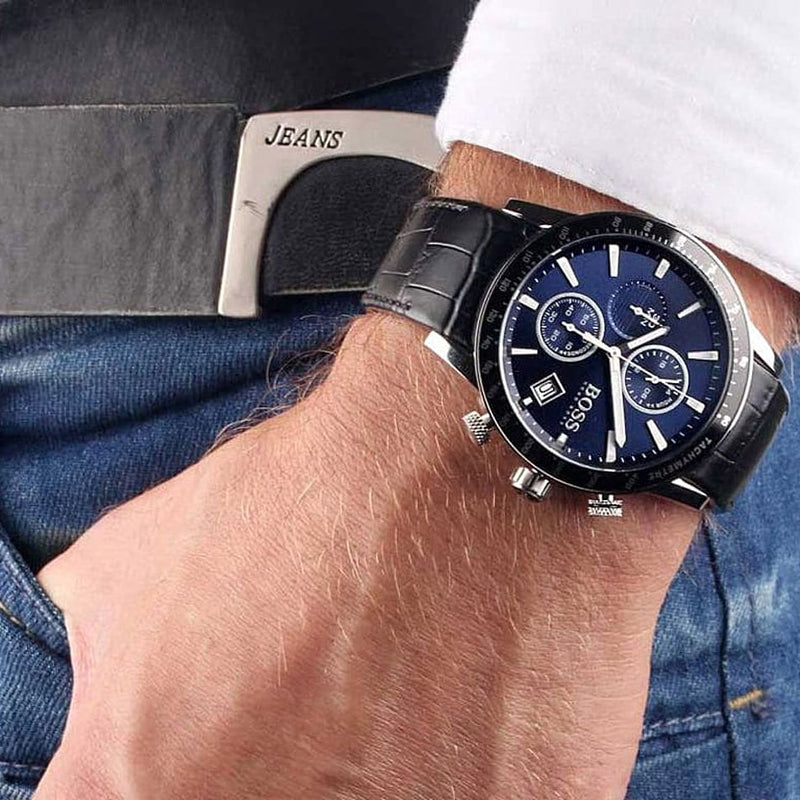 Hugo Boss Rafale Chronograph Blue Dial Black Leather Strap Watch For Men - 1513391 Buy Now By Hugo Boss