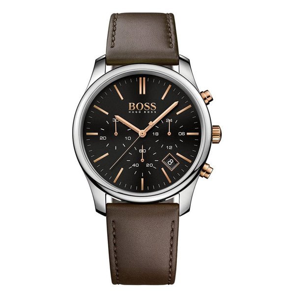 Hugo Boss Time One Black Dial Brown Leather Strap Watch for Men - 1513448