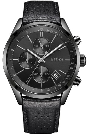 Hugo Boss Grand Prix Chronograph Black Dial Black Leather Strap Watch for Men - 1513474