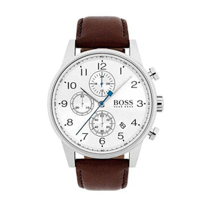 Hugo Boss Navigator Chronograph White Dial Brown Leather Strap Watch for Men - 1513495