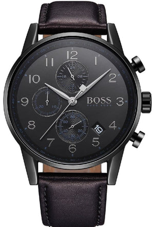 Hugo Boss Navigator Chronograph Black Dial Black Leather Strap Watch for Men - 1513497