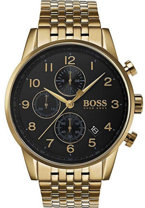 Hugo Boss Navigator Chronograph Black Dial Gold Steel Strap Watch for Men - 1513531