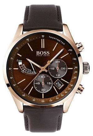 Hugo Boss Grand Prix Chronograph Brown Dial Brown Leather Strap Watch for Men - 1513605