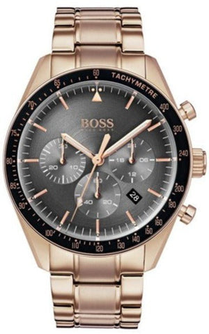Hugo Boss Trophy Chronograph Grey Dial Rose Gold Steel Strap Watch for Men - 1513632