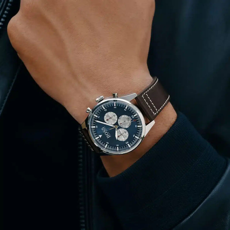 Hugo Boss Pioneer Chronograph Blue Dial Brown Leather Strap Watch For Men - 1513709 Buy Now By Hugo Boss