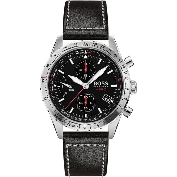 Shop Hugo Boss Aero Chronograph Black Dial Black Leather Strap Watch for Men - 1513770 in USA