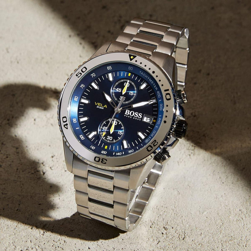 Hugo Boss Vela Chronograph Diver Blue Dial Silver Steel Strap Watch for Men - 1513775 Buy Now By Hugo Boss