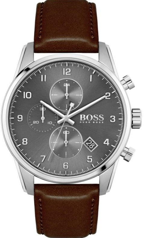Hugo Boss Skymaster Chronograph Grey Dial Brown Leather Strap Watch for Men - 1513787
