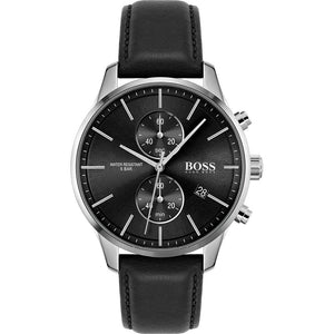 Hugo Boss Skymaster Chronograph Black Dial Black Leather Strap Watch for Men - 1513782