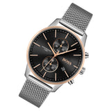 Hugo Boss Associate Chronograph Black Dial Silver Mesh Bracelet Watch for Men - 1513805