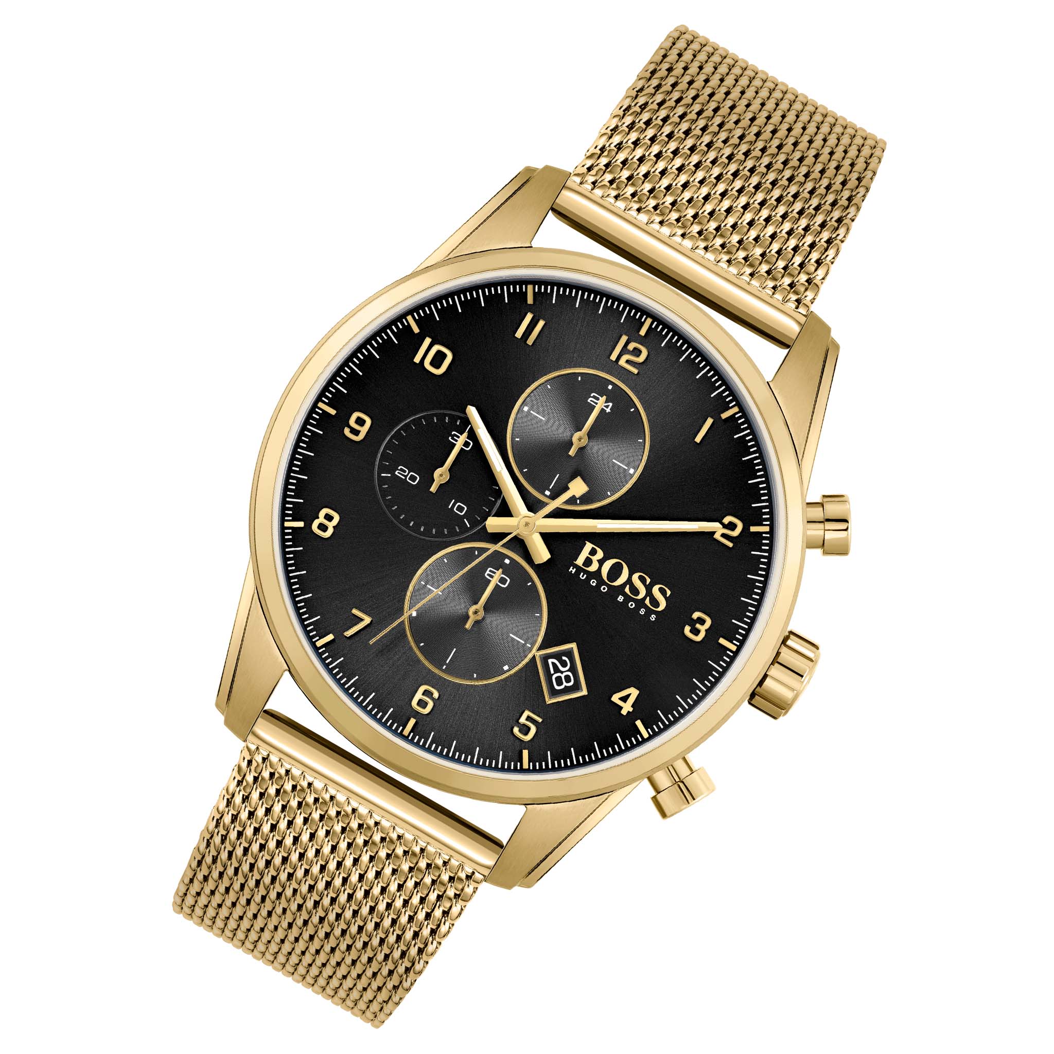 Hugo Boss Skymaster Black Dial Gold Mesh Bracelet Watch for Men - 1513838