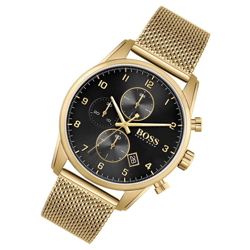 Shop Hugo Boss Skymaster Black Dial Gold Mesh Bracelet Watch for Men - 1513838 in USA