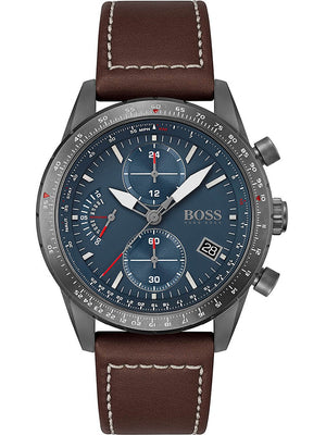 Hugo Boss Pilot Edition Chronograph Blue Dial Brown Leather Strap Watch for Men - 1513852