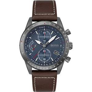 Hugo Boss Pilot Edition Chronograph Blue Dial Brown Leather Strap Watch for Men - 1513852