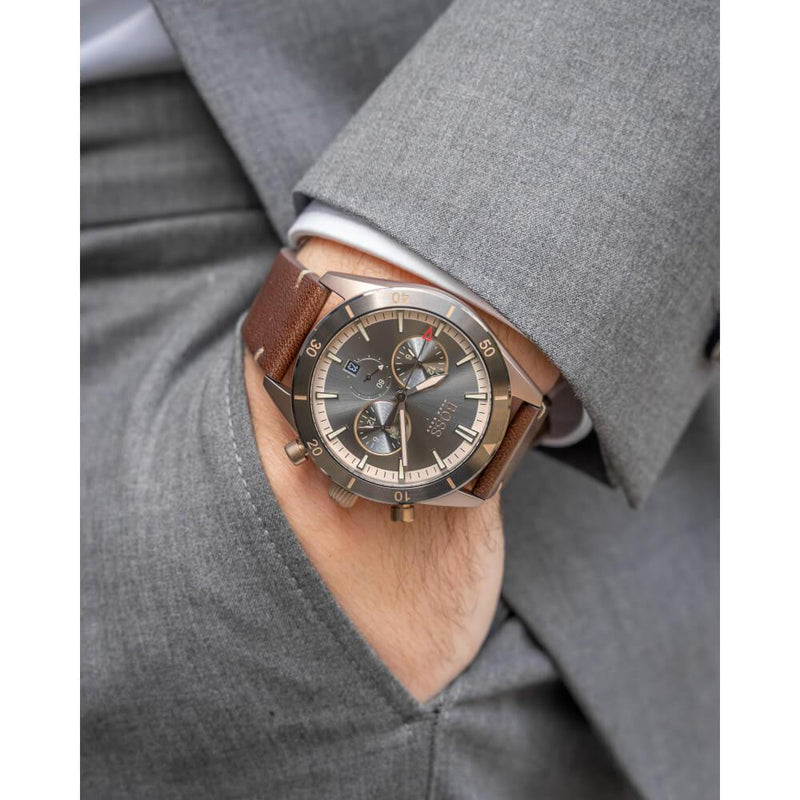 Hugo Boss Santiago Chronograph Grey Dial Brown Leather Strap Watch for Men - 1513861 Buy Now By Hugo Boss