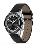 Hugo Boss Globetrotter Chronograph Black Dial Black Leather Strap Watch for Men - 1513864