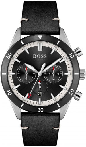 Hugo Boss Globetrotter Chronograph Black Dial Black Leather Strap Watch for Men - 1513864