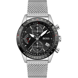 Hugo Boss Pilot Edition Chronograph Black Dial Silver Mesh Bracelet Watch for Men - 1513886