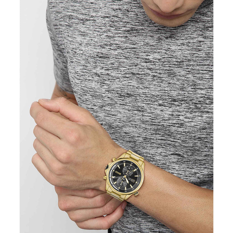 Hugo Boss Globetrotter Chronograph Black Dial Gold Steel Strap Watch for Men - 1513932 Buy Now By Hugo Boss