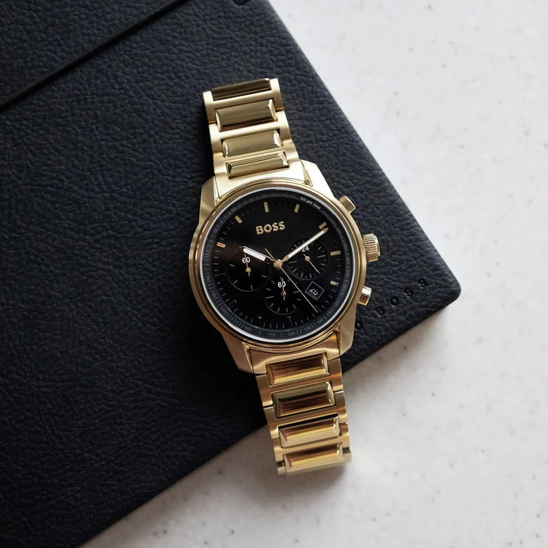 Hugo Boss Trace Chronograph Black Dial Gold Steel Strap Watch For Men - 1514006 Buy Now By Hugo Boss