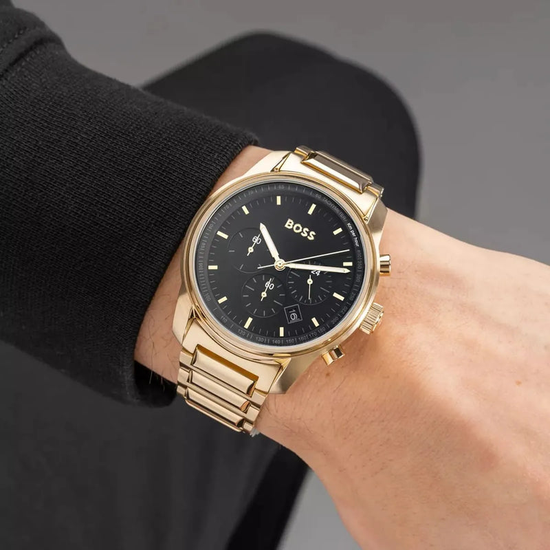 Hugo Boss Trace Chronograph Black Dial Gold Steel Strap Watch For Men - 1514006 Buy Now By Hugo Boss