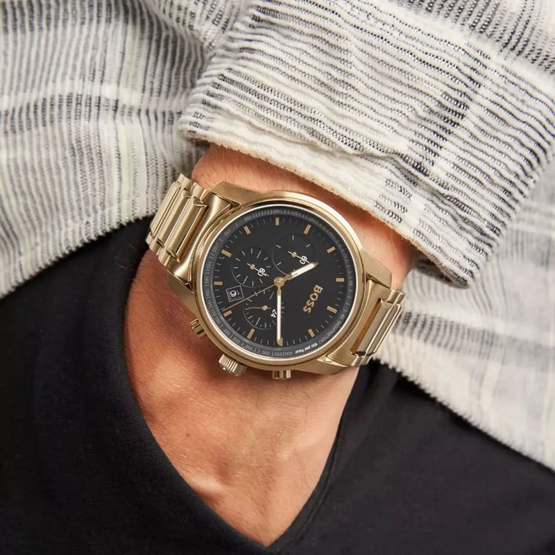 Hugo Boss Trace Chronograph Black Dial Gold Steel Strap Watch For Men - 1514006 Buy Now By Hugo Boss