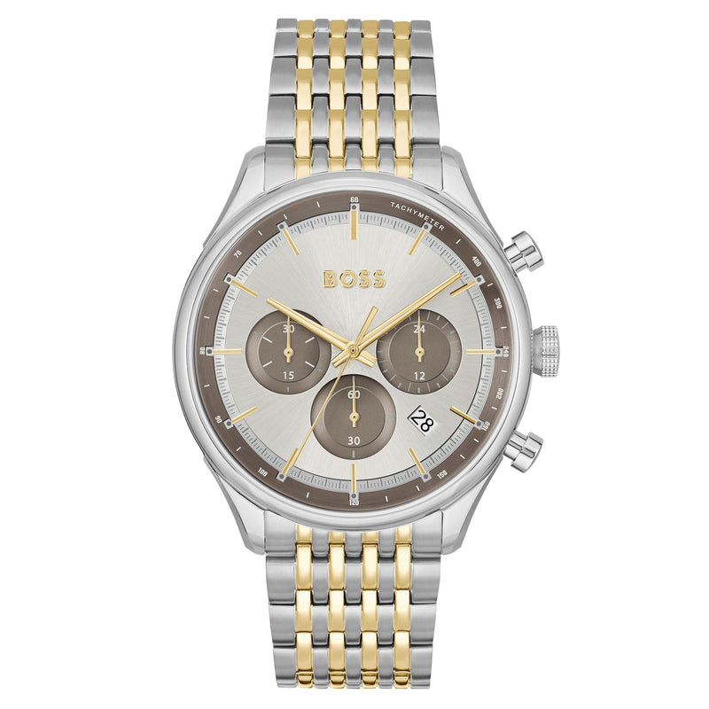 Shop Hugo Boss Gregor Chronograph Silver Dial Two Tone Steel Strap Watch For Men - 1514053 in USA